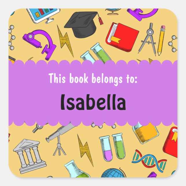 Colourful Fun School Supplies Pattern Personalised Square Sticker (Front)