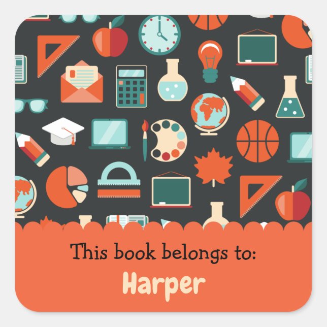 Colourful Fun School Supplies Pattern Personalised Square Sticker (Front)