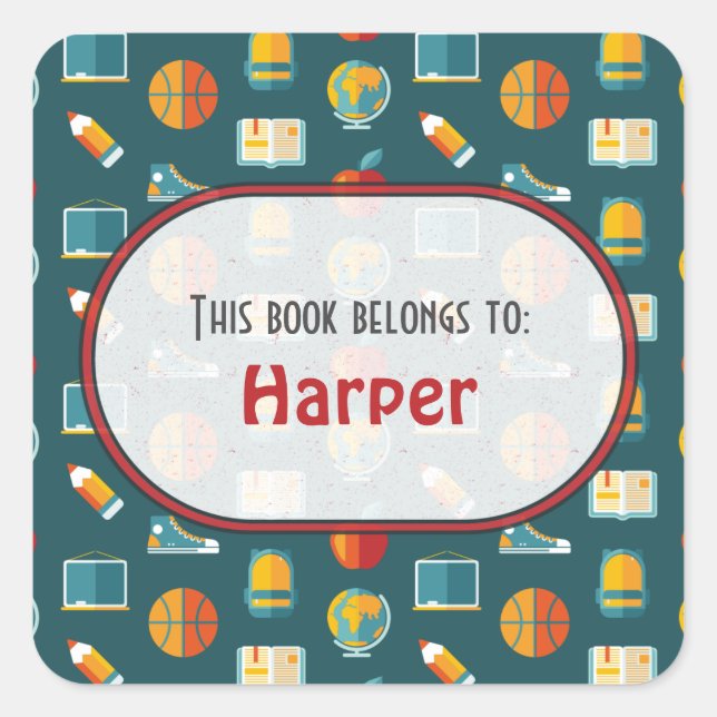 Colourful Fun School Supplies Pattern Personalised Square Sticker (Front)