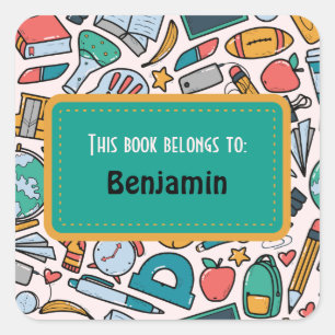 Colourful Fun School Supplies Pattern Personalised Square Sticker
