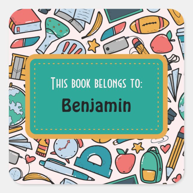 Colourful Fun School Supplies Pattern Personalised Square Sticker (Front)
