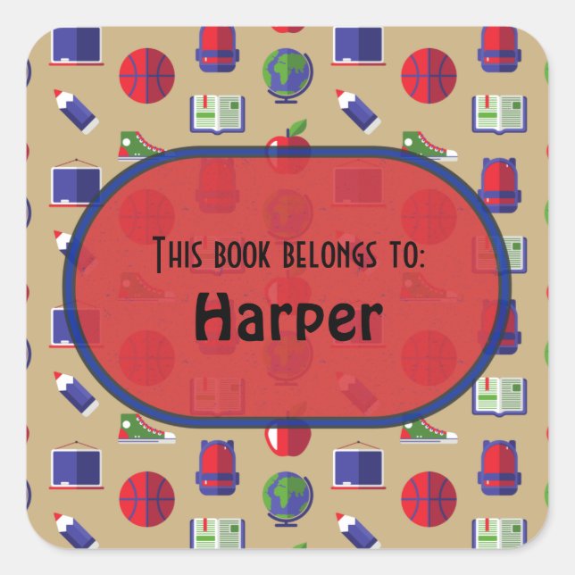 Colourful Fun School Supplies Pattern Personalised Square Sticker (Front)