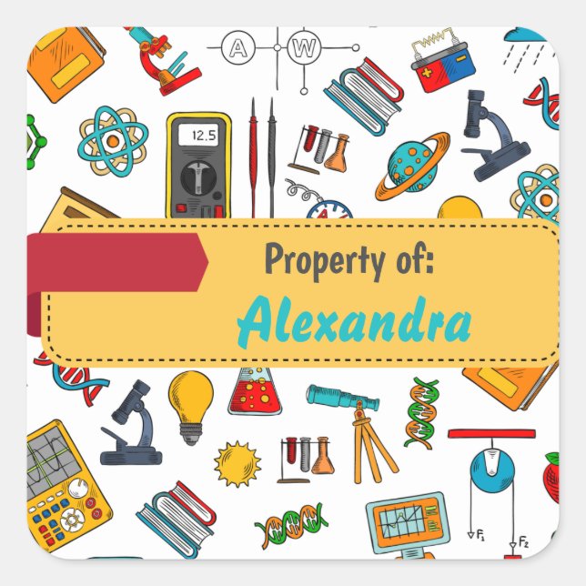 Colourful Fun School Supplies Pattern Personalised Square Sticker (Front)