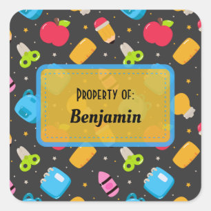 Colourful Fun School Supplies Pattern Personalised Square Sticker