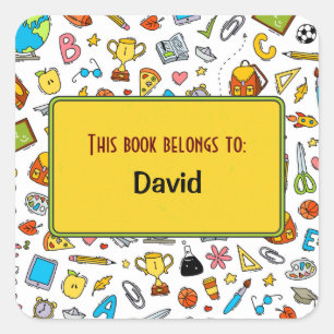Colourful Fun School Supplies Pattern Personalised Square Sticker