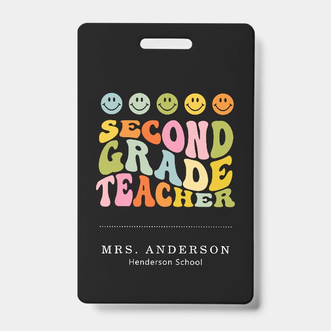 Colourful Fun Second Grade Teacher Custom Name ID Badge (Front)