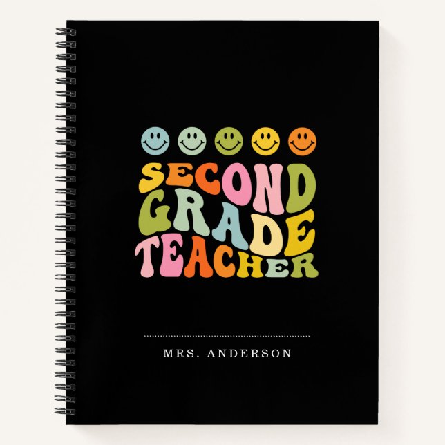 Colourful Fun Second Grade Teacher Custom Name Notebook (Front)