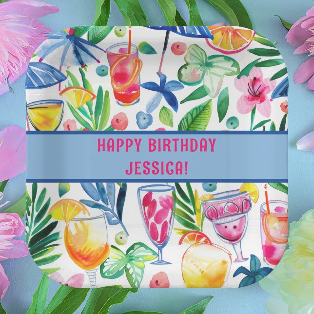 Colourful Fun Summer Watercolor Tropical Birthday Paper Plate (Creator Uploaded)