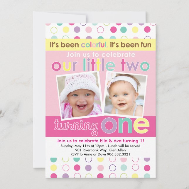 Colourful Fun Twin Girls First Birthday Invitation (Front)