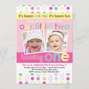 Colourful Fun Twin Girls First Birthday Invitation