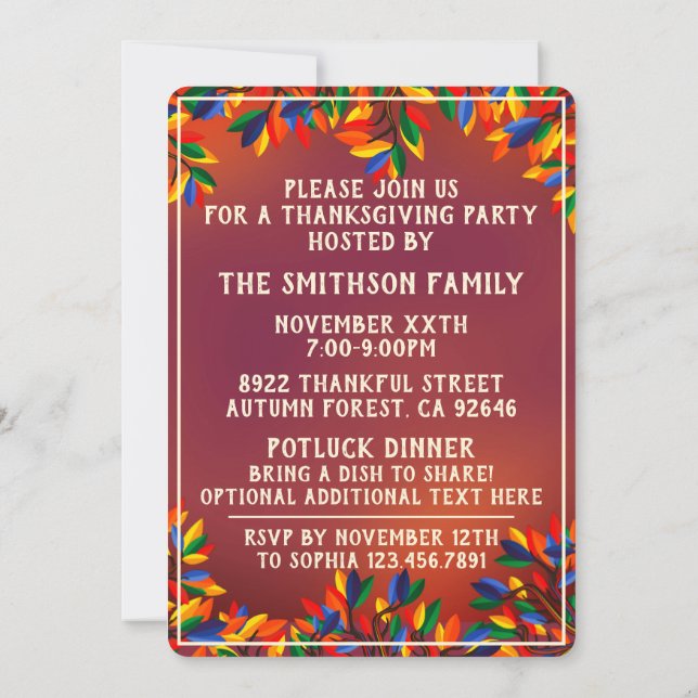 Colourful Funky Fall Tree Thanksgiving Meetup Part Invitation (Back)