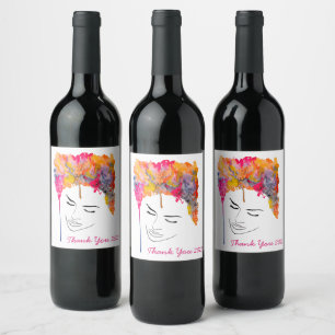 Colourful funky lady cool hair wine label