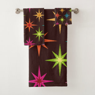 Colourful Funky Mid Century Atomic Starbursts Bath Towel Set