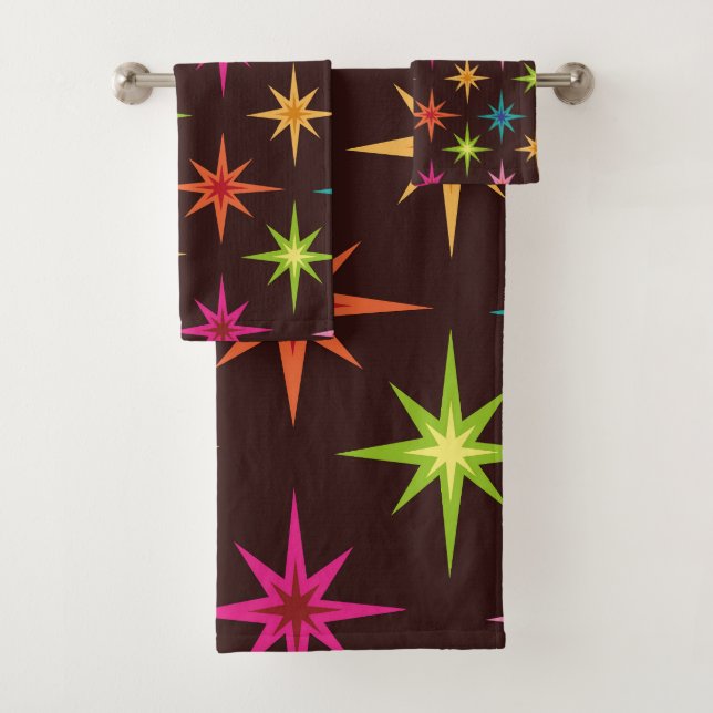 Colourful Funky Mid Century Atomic Starbursts    Bath Towel Set (Insitu)