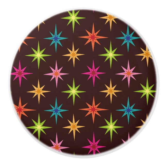 Colourful Funky Mid Century Atomic Starbursts   Ceramic Knob (Front)