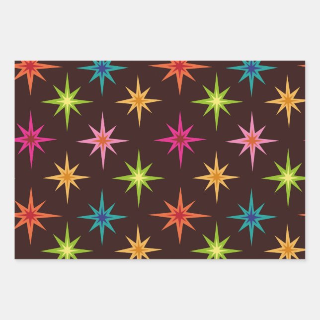 Colourful Funky Mid Century Atomic Starbursts  Wrapping Paper Sheet (Front)