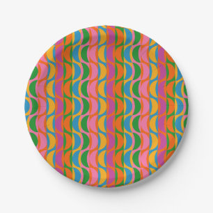 Colourful Funky Pop Art Wavy Moon Stripes Pattern Paper Plate