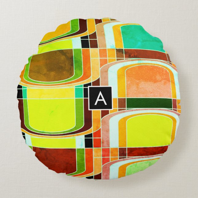 Colourful Funky Retro Inspired Round Cushion (Front)