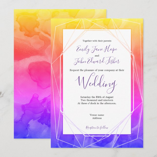 Colourful Funky Watercolors/Geometric Wedding Invitation (Front/Back)