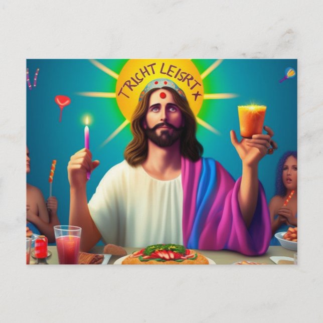 Colourful Funny Jesus at his Birthday Postcard (Front)