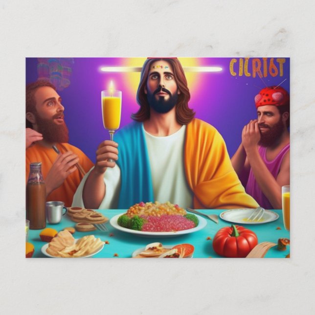 Colourful Funny Jesus at his Birthday Postcard (Front)
