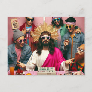 Colourful Funny Jesus at his Birthday Punk Rock Postcard