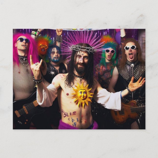 Colourful Funny Punk Rock Party Jesus Postcard (Front)