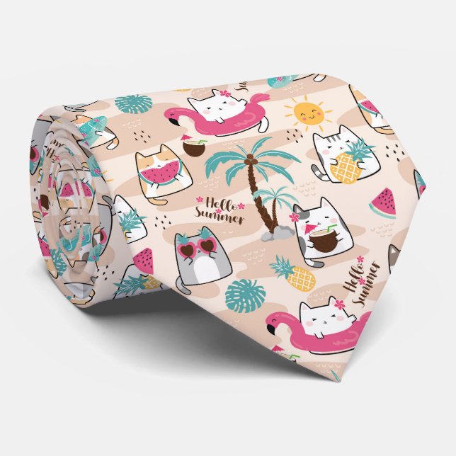 Colourful Funny Summer Vacations Cat Neck Tie (Rolled)
