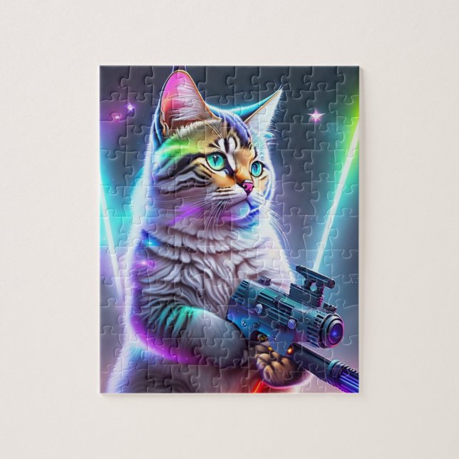 Colourful Futuristic Cyberpunk Cat With Laser Gun Jigsaw Puzzle (Vertical)