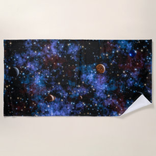 Colourful galaxies, stars and planets beach towel
