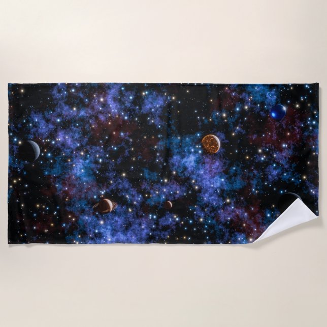 Colourful galaxies, stars and planets beach towel (Front)