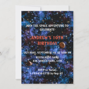Colourful galaxies, stars and planets in night sky invitation
