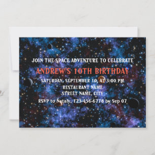 Colourful galaxies, stars and planets in night sky invitation