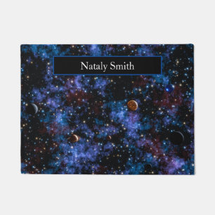 Colourful galaxies, stars and planets name doormat