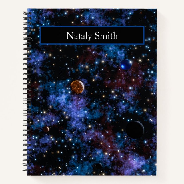 Colourful galaxies, stars and planets name notebook (Front)