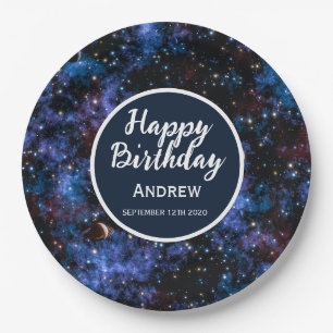 Colourful galaxies, stars and planets paper plate