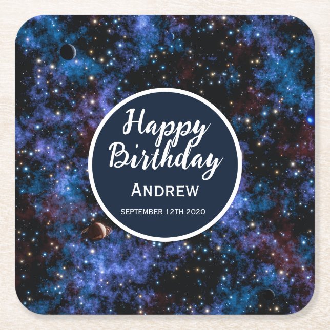 Colourful galaxies, stars and planets square paper coaster (Front)