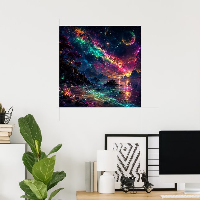 Colourful Galaxy Neon Space Rainbow Nebula Art Poster (Home Office)