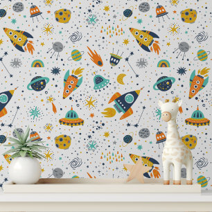 Colourful Galaxy Space Rockets Modern Kids Pattern Wallpaper