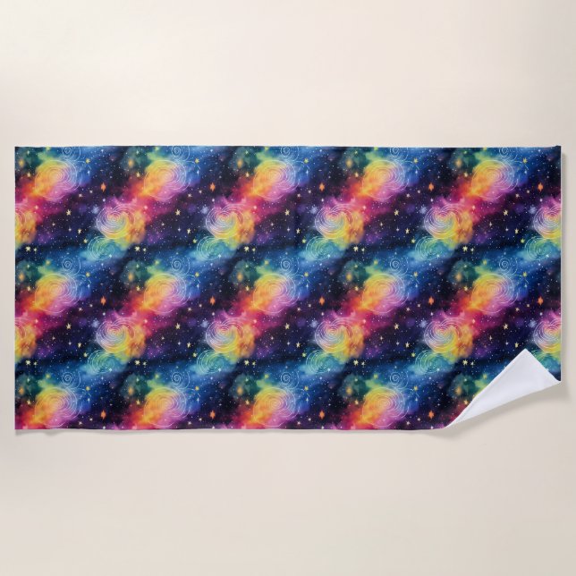 Colourful Galaxy with Stars and Spirals Beach Towel (Front)