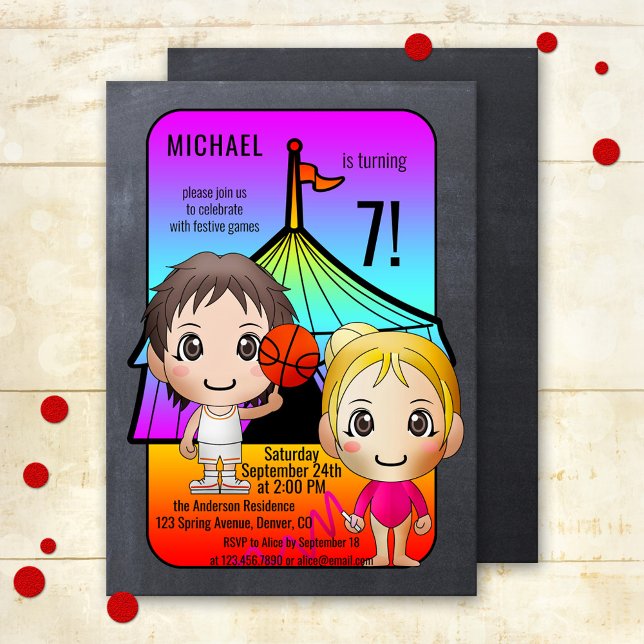 Colourful Games Festive Kids Birthday Invitation (Cute colorful kids game birthday party invitation featuring two children with a circus or party tent)