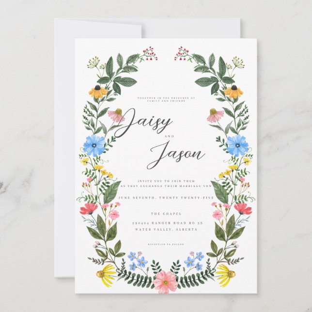 Colourful Garden Arch with Wildflower wedding Invitation (Front)