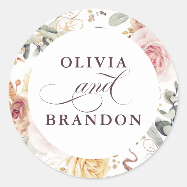 Colourful Garden Floral Elegant Wedding Classic Round Sticker (Front)