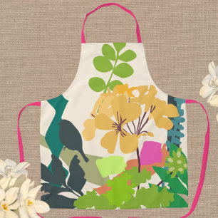 Colourful Garden Flowers and Bird Silhouette Apron
