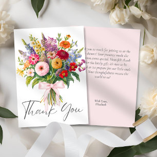 Colourful Garden Flowers Bouquet Pink Bow Script Thank You Card