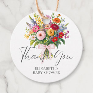 Colourful Garden Flowers Bouquet Pink Bow Thank Yo Favour Tags