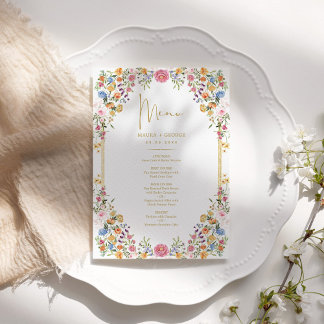 Colourful Garden Flowers Spring Wedding Menu Card