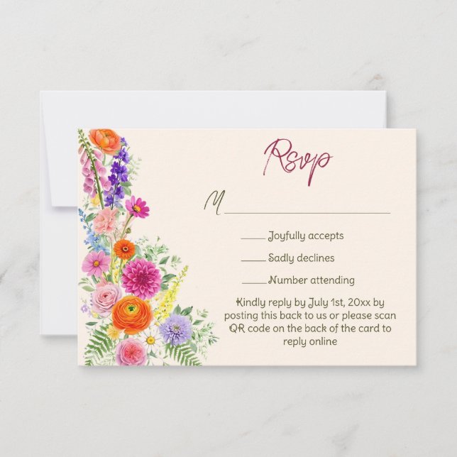 Colourful Garden Flowers Wedding Website QR Code  RSVP Card (Front)