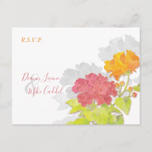 Colourful Garden Peony Wedding RSVP Invitation Postcard (Front)