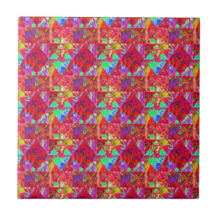 Colourful Garden Quilt Painting with Red Hydrangea Tile